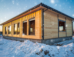 Modern wooden house under construction in winter snow, utilizing SIP panels for exterior walls, with windows and door frame already installed.