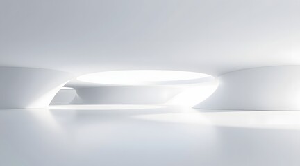 Bright white interior space with curved architectural features and neutral color palette