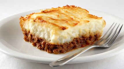 Vegetarian shepherd&rsquo;s pie portion plated neatly, off-white background