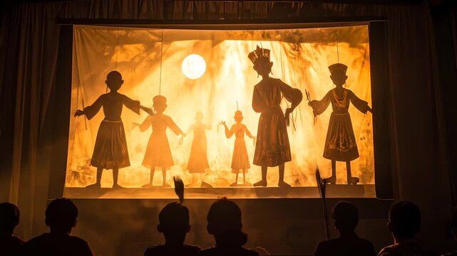 Traditional Shadow Puppet Show Performance with Audience Watching