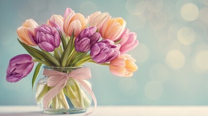 tulip drink bouquet in glass vase with ribbon tie and soft bokeh background
