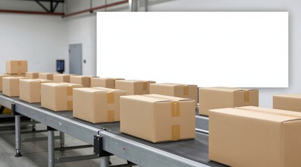 Boxes moving along a conveyor belt in a warehouse ready for shipment