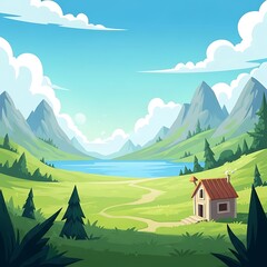 Serene mountain landscape with small house.