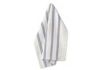 White kitchen towel with blue stripes hanging