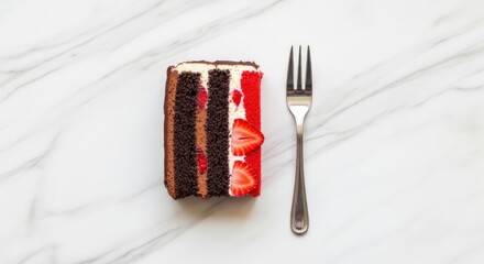 A decadent slice of chocolate strawberry layer cake resting beside a silver fork on marble