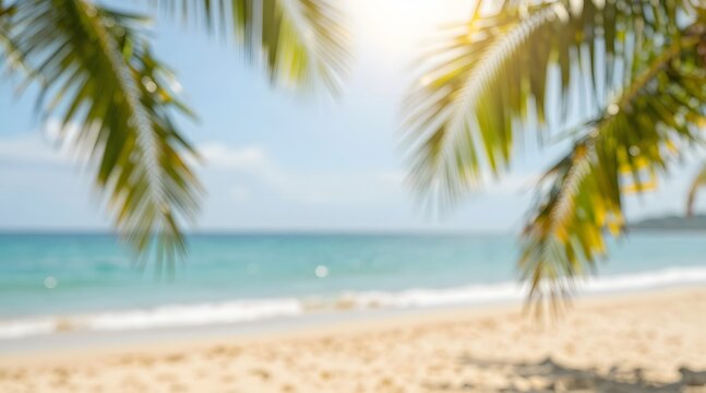 Blurred view of a tropical beach with palm trees and blue ocean on a sunny day