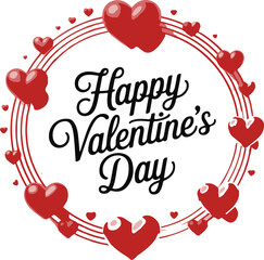 A festive Happy Valentine's Day greeting surrounded by a decorative circular arrangement of various red heart shapes.