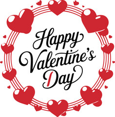 Happy Valentine's Day Calligraphy Script with a Heart Arrow and Circular Red Hearts Frame Design
