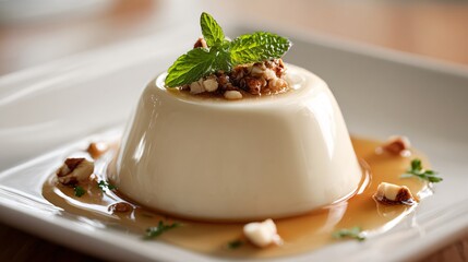 Almond milk dessert with smooth matte texture, refined restaurant style