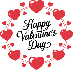 A festive graphic design featuring "Happy Valentine's Day" text surrounded by a circle of red hearts
