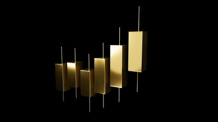 Golden digital asset visualization representing bullish cryptocurrency market movement. Modern 3D render of trading bars for bitcoin exchange, forex analysis, and electronic trading platforms