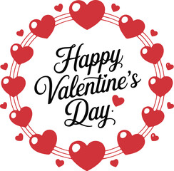 Happy Valentine's Day Typography Design with Red Hearts in Circular Arrangement