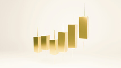 Luxury 3D golden candlestick chart on a white background. Professional financial visualization of a bullish market trend, representing stock trading success, investment growth, and wealth management.
