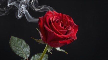 Elegant red rose surrounded by wisps of smoke on a dark background for dramatic effect