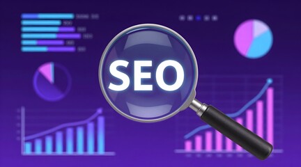Magnifying glass over seo text in front of data charts and graphs