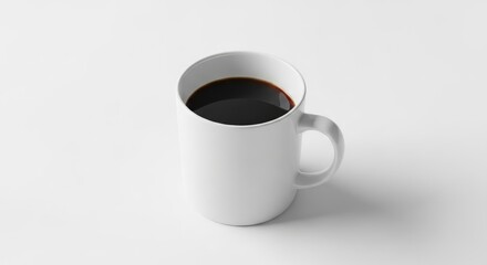A simple white ceramic coffee mug filled with dark black coffee rests on a clean surface.