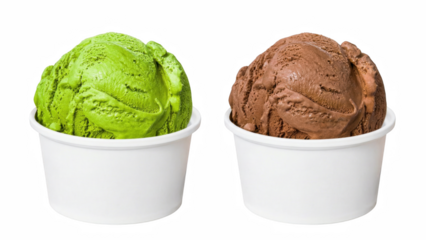 Scoops of green tea and chocolate ice cream side by side in white paper cups