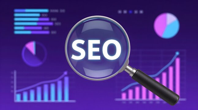 Magnifying glass over seo text in front of data charts and graphs