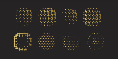 Eight decorative halftone circles and abstract shapes. Features various dot patterns with a luxury gold gradient effect. Vector elements for modern graphic design, tech branding, premium layouts