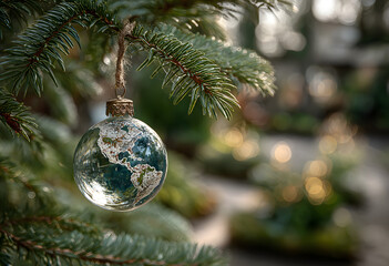 A Christmas tree ball in the shape of a rotating globe of the Earth, on a spruce branch. Bokeh, space for text. Postcard