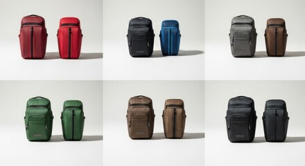 Collection display showcasing various sizes and colors of durable commuter backpacks against a clean background