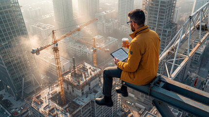 Construction engineer reviewing digital plans while sitting on a crane above an urban site
