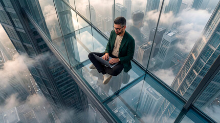 Businessman working on a laptop while sitting on a glass skybridge above the city