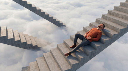 Man resting on intersecting floating concrete staircases above clouds