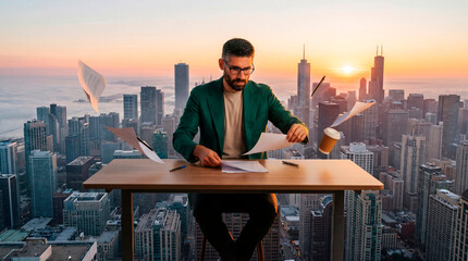 Man reviewing floating paperwork at a desk above city skyline at sunrise