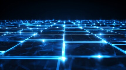 Obraz premium Futuristic Blue Grid with Glowing Lines Illuminated in Dark Background, Digital Technology Concept for Innovations and Creative Design