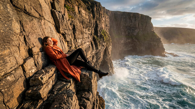 Woman resting on a rocky cliff above crashing ocean waves