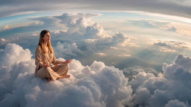 Woman meditating on clouds above a sunrise sky