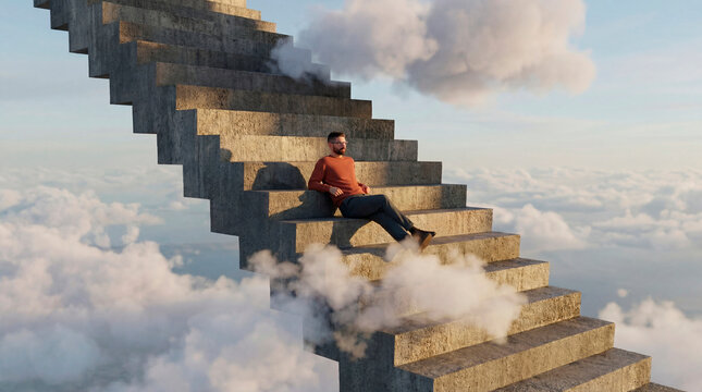 Man sitting on a floating concrete staircase among clouds