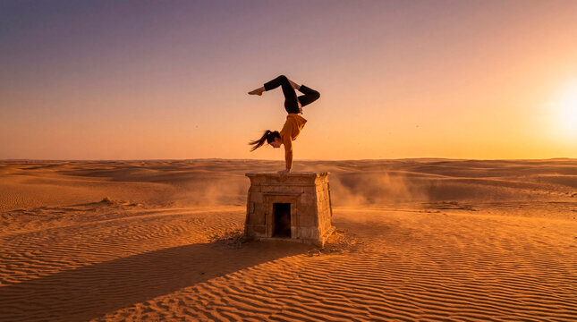 Woman performing handstand on stone structure at desert sunset