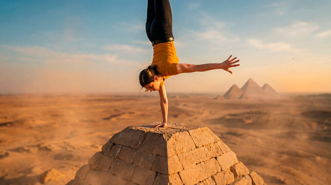 Woman doing handstand on stone pyramid in desert landscape