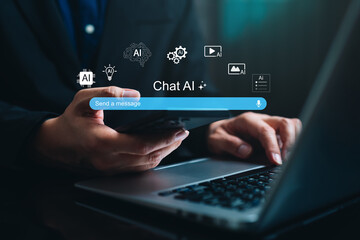 Chat AI concept showing person using smartphone and laptop with chat interface, AI icons, message bar, representing conversational artificial intelligence, multitasking, smart digital communication.
