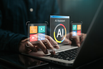 Hands typing laptop with AI assistant interface, showing artificial intelligence tool, command prompt, app icons that represent automation, productivity and smart digital support for modern work.