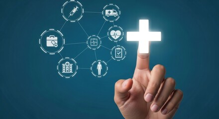 Finger interacting with a glowing medical health care digital interface network on a dark background