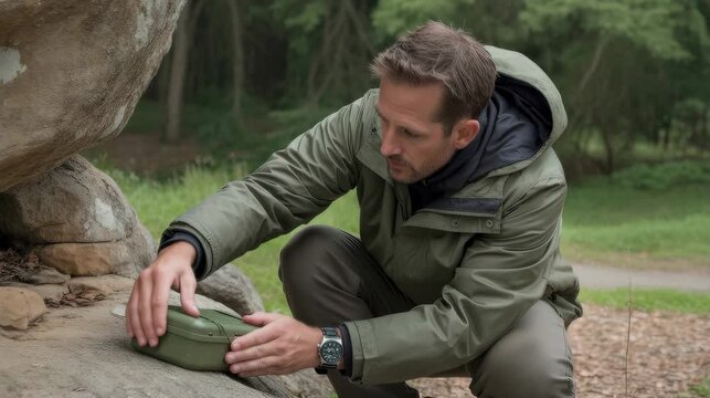 A man hiding a geocache for others to discover later  