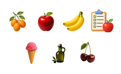 Fresh fruits and healthy eating icons for nutrition and wellness