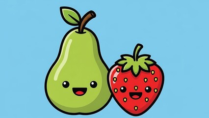 Smiling cartoon pear and strawberry fruits.