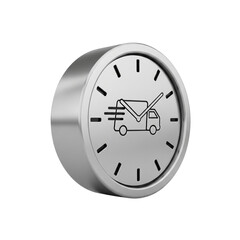 Silver clock with truck icon on transparent background, isolated on white, speed delivery concept illustration