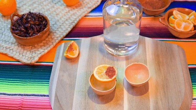 Traditional mexican mezcal tasting with chili orange slices and grasshoppers