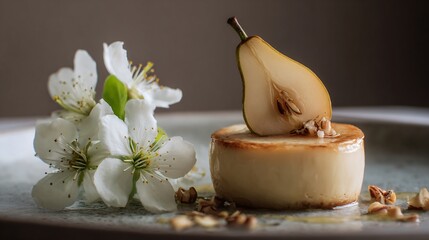 Hazelnut and pear dessert with minimalist botanical accent, warm neutral tones
