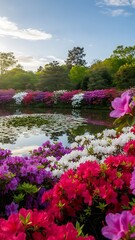 Vibrant flowers by serene pond landscape.