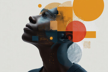 A woman's face is shown in a collage of circles and squares