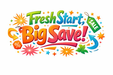 Fresh Start Savings. Clean modern holiday banner illustration, colorful seasonal savings banner reinforcing renewal and