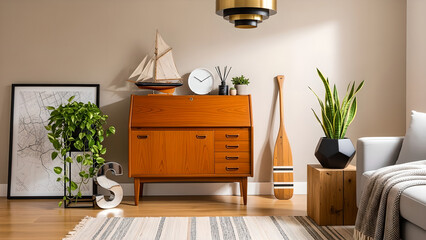 Mid-Century Modern Desk Living Room Home Decor Green Plants