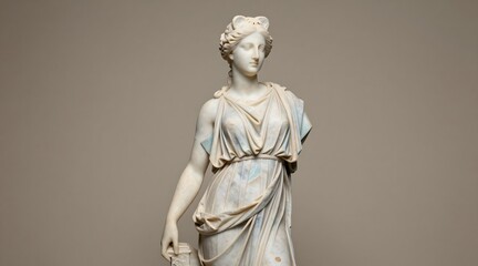 Marble statue of diana the huntress stands against a solid background
