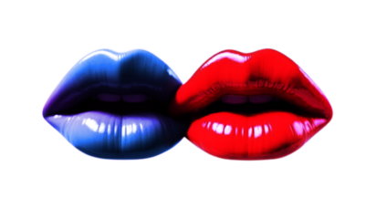 A captivating clash of vibrant blue and passionate red lips in an intimate embrace isolated on transparent background